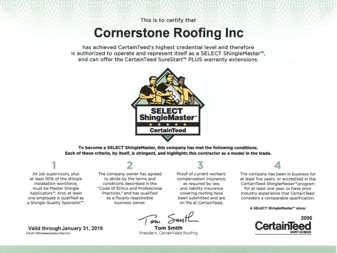 2018 CertainTeed SELECT ShingleMaster Certificate Cornerstone Roofing