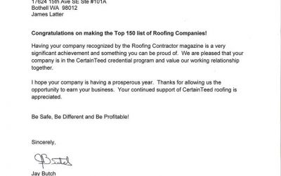 CertainTeed congratulates Cornerstone Roofing for making Top 150 Roofing Companies
