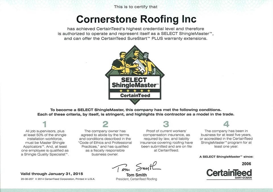 Cornerstone Roofing receives highest credential with CertainTeed