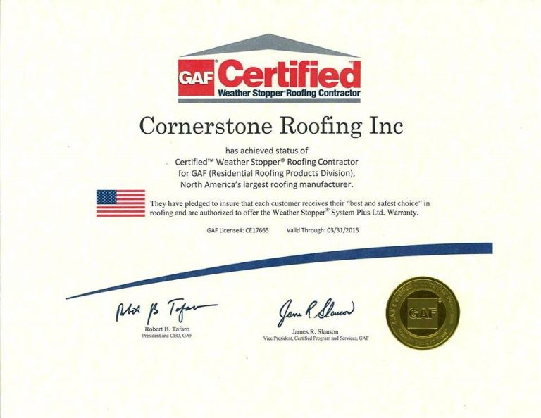 Cornerstone Roofing is a GAF Certified Weather Stopper Roofing