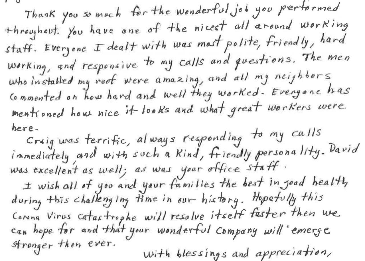 Appreciation letter from our re-roof customer in Mercer Island, Washington after we replaced her roof on her steep slope asphalt shingle roof on her home.